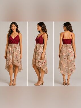NWT Kismet Floral High Low Dress Small Lace Bodice Midi Dress